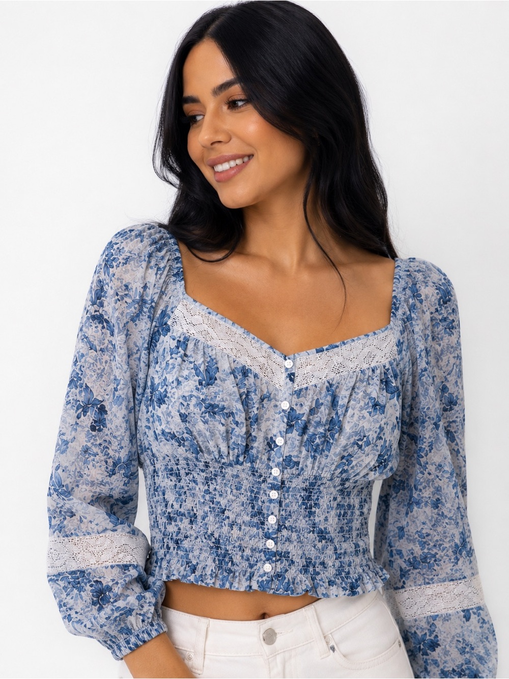 American Eagle Blue Floral Smocked Crop Top Medium